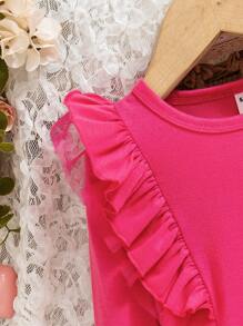 SHEIN Baby Girls One-Shoulder Ruffled Mesh Double Layer Fashion Design Long Sleeve Top, Fall/Winter Lightweight - Hot Pink - View 5
