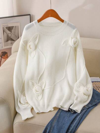 SHEIN Frenchy 大码女式 3D 花卉图案优雅毛衣