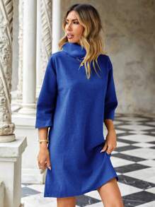 EURMUSE Ladies' Solid Color High Neck Drop Shoulder Sweater Dress - Blue - View 3