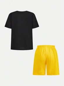 SHEIN 2pcs Tween Boys Active Wear Set With Short Sleeve Top And Shorts, Sports Elements, Suitable For Running, Training, Outdoor Fitness, Soccer, Basketball, Cycling, Comfortable For Gym