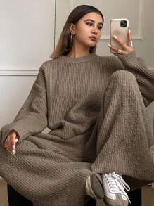 DAZY 2pcs Women Solid Color Loose Long Sleeve Sweater And Wide Leg Pants Suit,Fall Women Clothes - Khaki - View 1