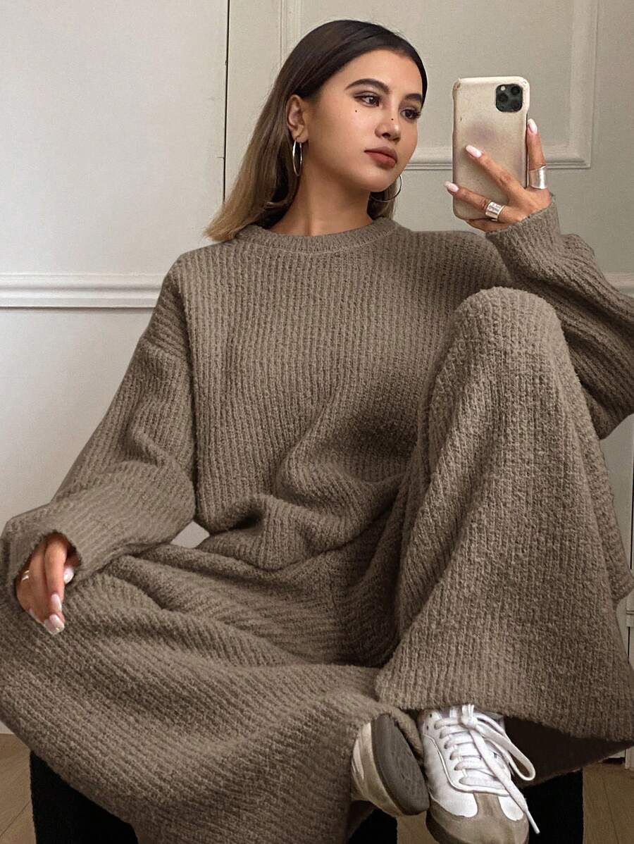 DAZY 2pcs Women Solid Color Loose Long Sleeve Sweater And Wide Leg Pants Suit,Fall Women Clothes - Khaki - View 1
