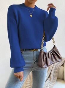 EMERY ROSE 女士纯色高领长袖简约毛衣，休闲日常针织套头衫，秋冬季 - 寶藍色 - 查看 5