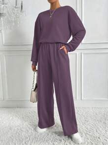 Chiquease 2pcs Women Solid Color Round Neck Long Sleeve Casual Top And Pants Set - Purple - View 5