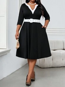 SHEIN Lady  Spring And Summer Autumn And Winter Elegant Work Office Colorful Knitted V Neck Flared Belted Midi Three Quarter Length Sleeve Plus Size Dresses - Black and White - View 4