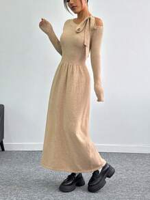 Flirla Women Bowknot Waist Fitted Long Sleeve Knit Dress Fall Cloth For Women - Khaki - View 5