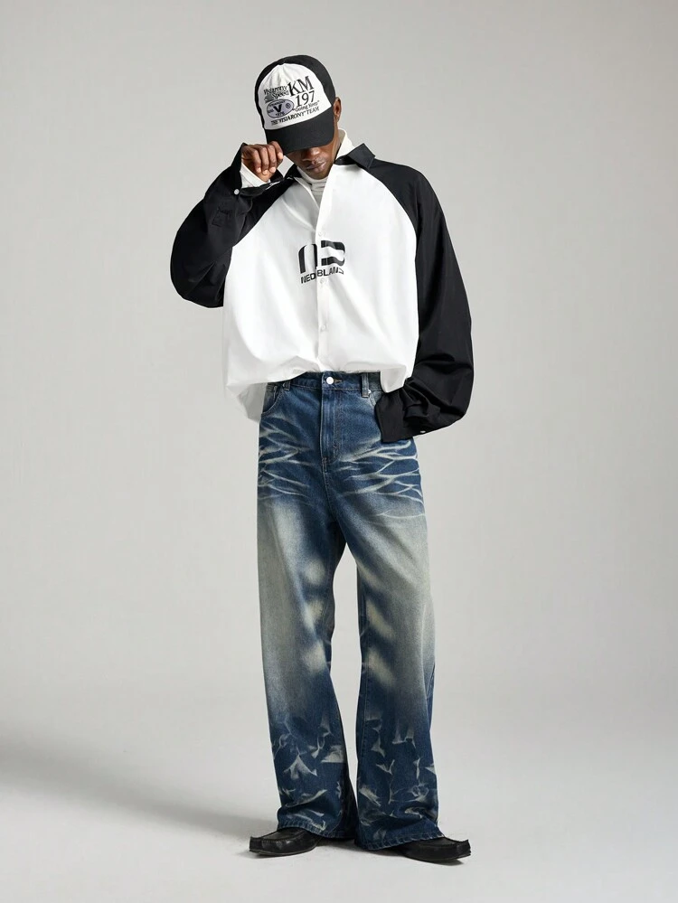 Men's Black & White Woven Street-Style Raglan Sleeve Long Sleeve Shirt