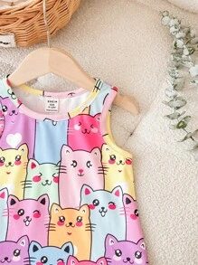 女婴休闲可爱卡通猫咪图案无袖连衣裙，“Babygirl” - 彩色 - 查看 3