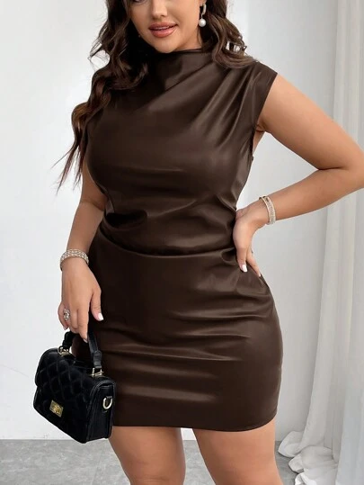 Firerie Plus Size Women's Elegant Vintage Sexy Biker Chic Solid Color Asymmetrical Ruched Waist Sleeveless Mini Dress, Autumn/Winter