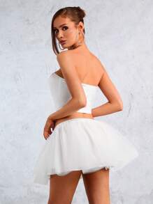 SHEIN SXY New Year Christmas Night Club Party White Satin Collarless Fish Bone Structure Bustier Top And Gauze Crisp Fluffy Short Skirt Two-Piece Set