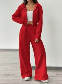 Muchica Set de 2 piezas de chaqueta con capucha y pantalones de punto para mujer, conjunto deportivo con cremallera, color rojo - Rojo - Ver 4