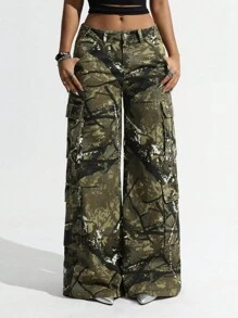 SHEIN ICON Quần Jeans Ống Rộng Cạp Thấp Siêu Rộng In Họa Tiết Camo Branch Cho Nữ Quần Jeans Ống Rộng Cạp Thấp Ống Đứng Baggy Cho Nữ - Màu Khaki - Xem 4