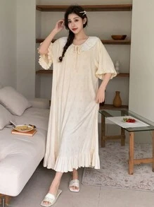 DAZY 甜美荷叶边系带领宽松睡袍睡衣 - 米色 - 查看 4