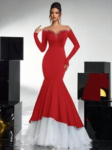 Glamrae Vestido de gala con corte sirena, con bloques de color en malla, adornado con diamantes, con dobladillo ajustado. Vestido informal de estilo gótico para boda/evento de noche, vestido para invitadas de boda, vestido de fiesta