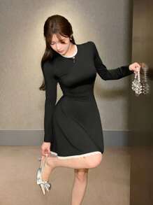 DAZY Robe mi-longue élégante à col rond et manches longues avec dentelle contrastée, robe d'automne pour femmes - Noir - Voir 6