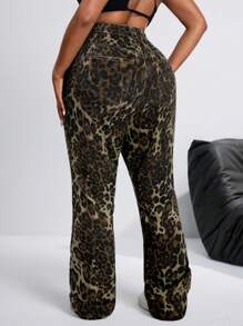 Slaydiva Plus Size Denim Leopard Print Stretch Leggings - Multicolor - View 2