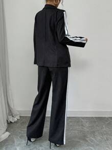 SHEIN PETITE 2pcs Set Casual Dark Grey Contrast Color Loose Blazer And Wide Leg Straight Pants Suit - Dark Grey - View 2