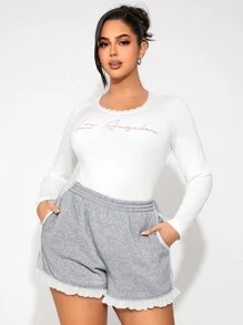SHEIN SXY Plus Size Women Grey & White Woven Trim Lace Decor Loose Shorts