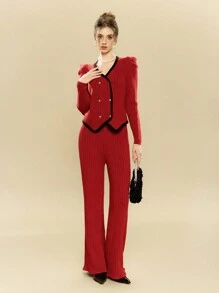SHEIN Unity Vintage Women Winter Outfit 2pcs Set: Red Knitted Sweater & Pants For New Year Clothes - Red - View 5