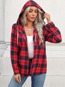 INAWLY Chemise à capuche casual à manches longues, à carreaux, à simple boutonnage pour femmes, automne