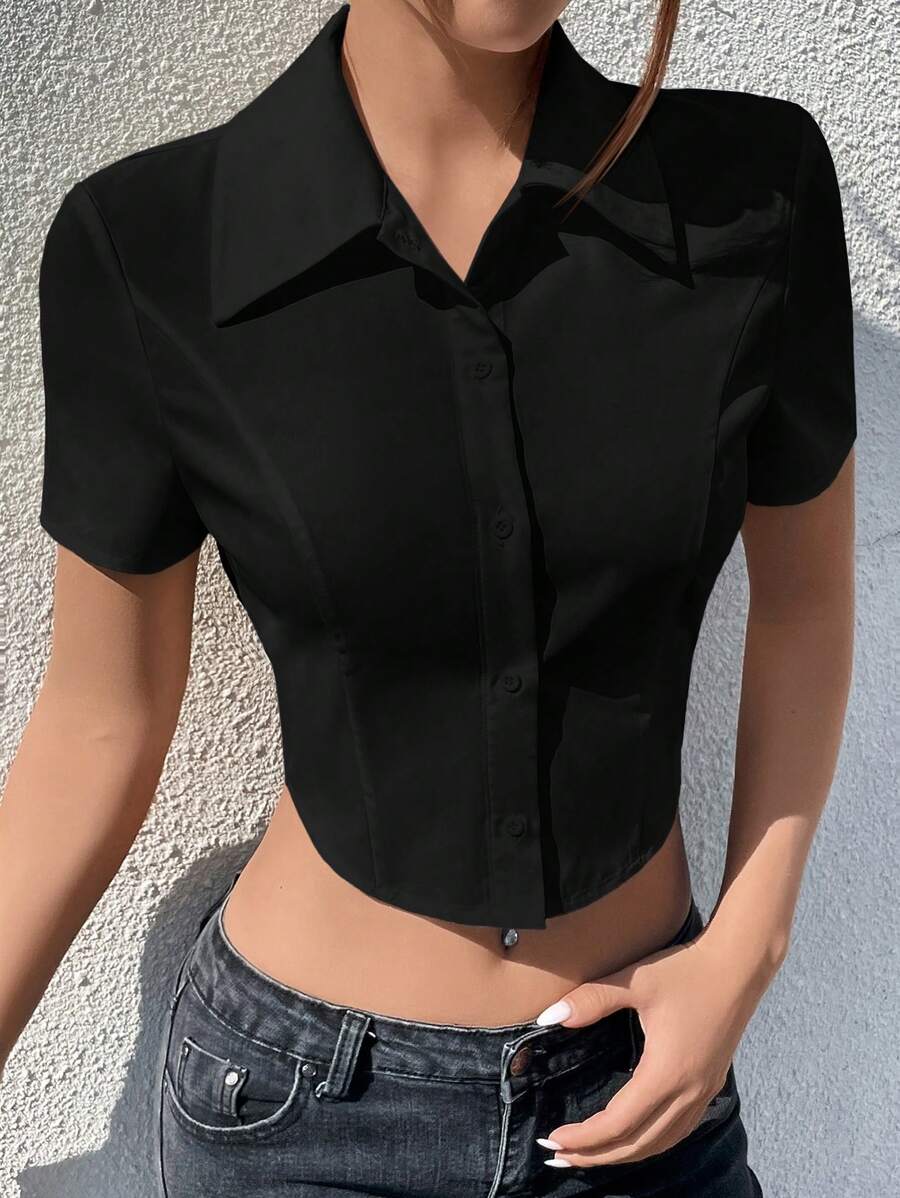 SHEIN EZwear Camisa de mujer de verano con botones y tejido - Negro - Ver 1