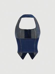 SHEIN MOD Women's Single-Breasted Fashion Versatile Halter Neck Denim Blouse