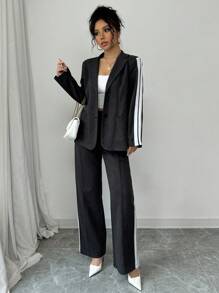 SHEIN PETITE 2pcs Set Casual Dark Grey Contrast Color Loose Blazer And Wide Leg Straight Pants Suit - Dark Grey - View 5