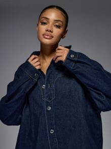 MISSGUIDED Western Style Denim Trucker Jacket Oversized Classic Winter Fall Button Front Statement Yoke Design Fashion Outerwear - Dark Wash - View 3