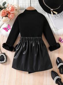 SHEIN 2 件年轻女孩通勤休闲时尚蝴蝶印花上衣 + 皮裙套装，秋冬新款长袖 T 恤，蓬松袖口，个性蝴蝶结系带皮裙，韩版，温暖，时尚，适合各种场合 - 黑色 - 查看 2