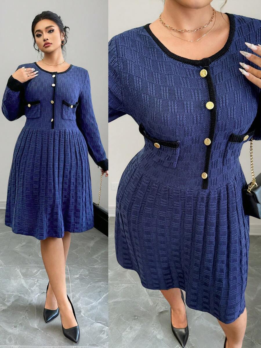 SHEIN Unity 大码女式优雅 A 字形圆领长袖拼色双口袋毛衣连衣裙，秋冬