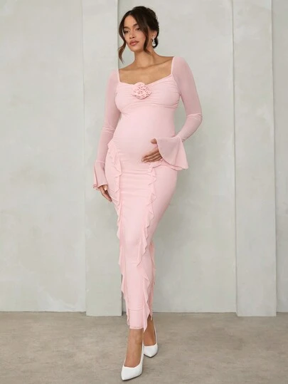 MaterniChic Elegant Floral Embellished Long Sleeve Pink Maternity Dress, Suitable For Casual Dates, Events, And Parties In Fall/Autumn Valentine's Day