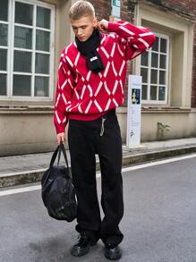 Manfinity Hypemode Suéter de cuello redondo de manga larga con bloqueo de color y patrón de diamantes, de punto, para hombre - Uso casual para otoño/invierno, salir con amigos