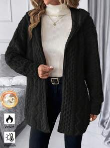 SHEIN Clasi Jaket Fleece Bertekstur Lengan Panjang Berkerudung Warna Polos untuk Wanita Musim Dingin - Hitam - View 5