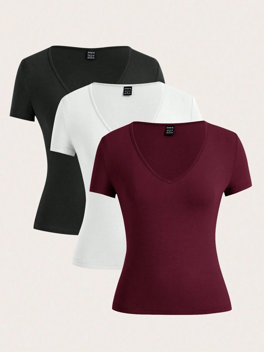 SHEIN Frenchy 纯色 V 领 T 恤夏季上衣 - 酒紅色 - 查看 1