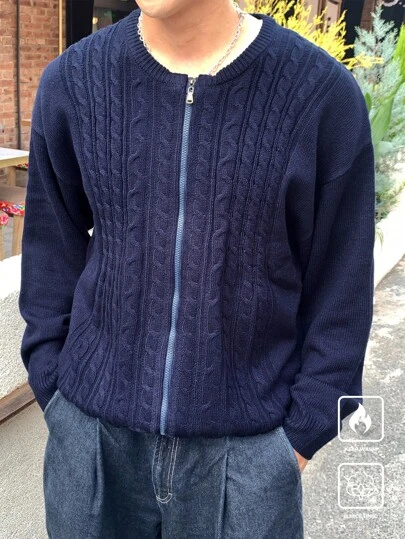 Manfinity CasualKnits Men's Solid Color Front Zip Up Jacket, Casual Daily Wear