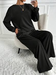 Chiquease Women's Plain Sweatshirt And Sweatpants Two Piece Set - Black - View 6