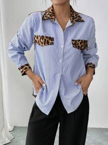 Chiquease Camisa casual con bloques de color de estampado de leopardo y rayas de otoño