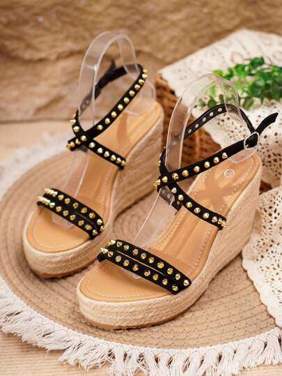 Sandalias de cuña de plataforma de cuerda con remaches, de moda, casuales y cómodas, para adolescentes