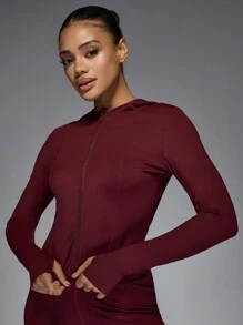 MISSGUIDED Athletic Zip Up Workout Jacket Long Sleeve Fitted Training Performance Top Moisture Wicking Running Sports Apparel With Hood Modern Athleisure Basic - Burgundy - View 3