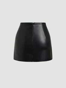 Sweetra Minifalda ajustada estilo retro americano sexy para mujer, de piel sintética, en color negro sólido, apta para todas las estaciones