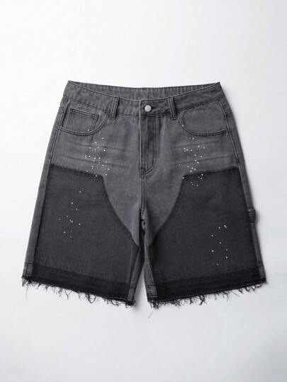 Grunge Punk Men's Color Blocked Pocket Frayed Hem Relaxed Casual Denim Shorts Jorts