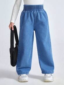 SHEIN Y2K Style Girls Wide Leg Loose Fit Washed Blue Jeans With Drawstring Waist, Casual & For Everyday Wear - Medium Wash - View 3