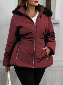 SHEIN LUNE Plus Size Women Casual Loose Hooded Padded Padded Coat With Zipper, Winter Clothes
