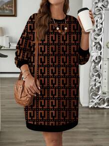 SHEIN Clasi Plus Size Women Casual Geometric Pattern Crew Neck Long Sweatshirt, Autumn/Winter - Chocolate Brown - View 5