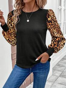 SHEIN LUNE Women's Plain Color Block Round Neck Long Sleeve Simple Casual Top, For Daily Wear - Multicolor - View 6