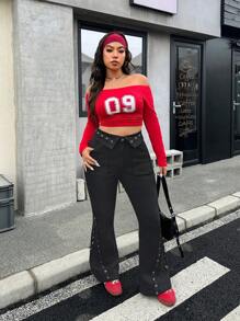 SHEIN ICON Quần Jeans Ống Loe Thời Trang Tối Giản Có Túi Vá Trang Trí Cho Nữ Cỡ Lớn - màu đen - Xem 5