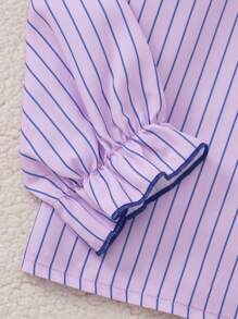 PrepCrw 年轻女孩宽松条纹荷叶边衬衫，学院风，适合春秋季节 - 粉色 - 查看 4