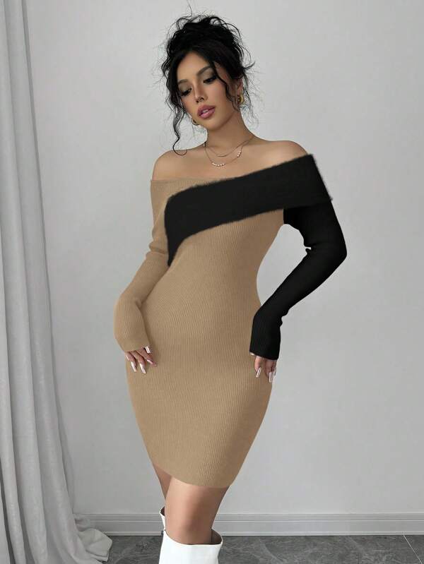 Calvaya Solid Color Elegance Christmas Contrast Color Splice Fuzzy Off Shoulder Long Sleeve Sweater Dress