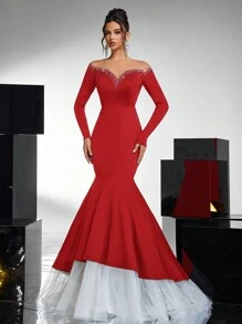 Glamrae Vestido de gala con corte sirena, con bloques de color en malla, adornado con diamantes, con dobladillo ajustado. Vestido informal de estilo gótico para boda/evento de noche, vestido para invitadas de boda, vestido de fiesta