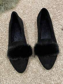 Girls' Flats Pointed Toe Suede Slip-On Casual Shoes, Comfortable & Warm With Fluffy, Fashionable For Teens - Black - View 3